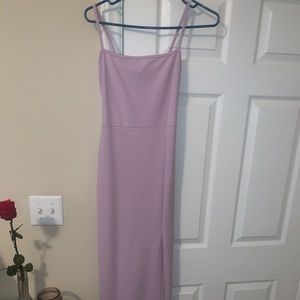 Long lilac spaghetti strap dress with split